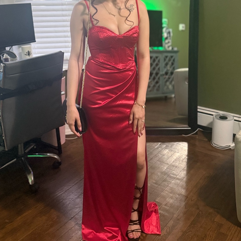 B Darlin Red Slit Prom Gown Sleeveless Sweetheart